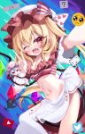  1girl ;d ? absurdres alternate_costume blonde_hair blue_background bow breasts cleavage commentary_request crystal_wings emoji flandre_scarlet heart heart_print heart_ribbon highres internet_survivor laevatein_(tail) looking_at_viewer medium_breasts midriff multicolored_bow multicolored_clothes multicolored_headwear navel ok_sign one_eye_closed one_side_up open_mouth pleading_face_emoji polka_dot_headwear red_eyes remilia_scarlet s_vileblood short_sleeves sidelocks single_thighhigh slit_pupils smile solo tail terebi-chan thighhighs touhou traditional_media twitter_logo v white_thighhighs youtube_logo 