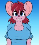  anthro big_breasts big_ears blue_eyes breasts buckteeth bust_portrait cleavage clothed clothing female front_view gwen_(swiftsketch) hair hi_res mammal mouse murid murine pink_body pink_hair pink_nose portrait rodent shirt solo swiftsketchpone t-shirt teeth topwear 
