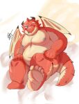  anthro belly blep blue_eyes blush dragon hi_res hot_spring male moobs nipples one_eye_closed oumi_(tamacolle) overweight red_body sitting solo tamacolle tengzai05 tongue tongue_out water wings wink 
