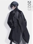  1boy 2023 alternate_costume artist_name black_coat black_hair black_pants blunt_ends buttons coat collared_coat copyright_name earrings genshin_impact grey_sweater hair_between_eyes hands_in_pockets highres jewelry long_sleeves looking_to_the_side male_focus no_headwear open_mouth pants pocket purple_eyes scaramouche_(genshin_impact) shadow short_hair simple_background smile solo standing sweater teeth tongue turtleneck turtleneck_sweater vidoakdame white_background wide_sleeves wing_collar 