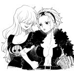  2girls black_shirt breasts commentary_request eustass_kid eyelashes genderswap genderswap_(mtf) greyscale hair_ornament hair_over_eyes killer_(one_piece) large_breasts long_hair looking_at_another monochrome multiple_girls ns1123 one_piece scar scar_on_face shirt short_hair simple_background sketch standing white_background 
