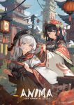  2girls architecture bespin black_hair brown_eyes double-parted_bangs east_asian_architecture grey_eyes grey_hair hair_ornament highres japanese_clothes lantern long_hair multiple_girls original outdoors paper_lantern wide_sleeves 