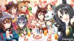  +_+ 6+girls agnes_digital_(umamusume) animal_ears arms_up beanie blush cheval_grand_(umamusume) closed_eyes cupcake drink el_condor_pasa_(umamusume) food glasses gloves hat highres horse_ears horse_girl horse_tail multiple_girls nakayama_festa_(umamusume) official_art one_eye_closed satono_crown_(umamusume) side_ponytail sunglasses table taiki_shuttle_(umamusume) tail umamusume uniform v zenno_rob_roy_(umamusume) 