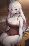  1boy 1girl absurdres ahoge animal_ears animal_nose blurry blurry_background blush body_fur breasts cleavage collarbone furry furry_female heart highres large_breasts long_hair looking_at_viewer nightgown on_bed original rabbit_ears rabbit_girl red_eyes sitting snout solo_focus spoken_heart suurin_(ksyaro) thick_thighs thighs thought_bubble twitter_username white_fur white_hair 