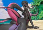  anthro anus areola black_body black_scales blush breasts butt countershade_scales countershading female generation_7_pokemon genitals glistening hi_res looking_at_viewer markings medium_breasts multicolored_body multicolored_scales nintendo nipples non-mammal_breasts non-mammal_nipples nude pink_body pink_countershading pokemon pokemon_(species) pupils purple_areola purple_body purple_nipples purple_scales pussy rear_view reptile salazzle scales scalie shermugi slit_pupils solo tail 
