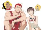  1boy 1girl akagi_haruko akagi_takenori basketball_uniform bottle brown_eyes brown_hair character_request collarbone eyelashes highres red_hair sakuragi_hanamichi short_hair simple_background sitting slam_dunk_(series) speech_bubble spoken_character sportswear sweatdrop tobu_0w0 toned toned_male water_bottle white_background 