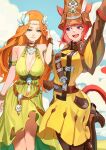  2girls absurdres animal_ears avatar_(ff14) boots breasts cat_ears cat_tail commission dress facial_mark final_fantasy final_fantasy_xiv gloves green_dress green_eyes hat highres ibaraki_shun large_breasts long_hair looking_at_another miqo&#039;te multiple_girls nophica open_mouth orange_hair red_eyes red_hair short_hair skeb_commission tail thigh_boots whisker_markings 