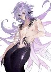  1boy abs absurdres bishounen black_sclera colored_sclera cowboy_shot fate/grand_order fate_(series) fins gradient_skin hair_between_eyes highres long_hair looking_at_viewer magiheartmari male_focus merlin_(fate) merman monster_boy monsterification nipples nude pectorals protected_link purple_eyes solo toned toned_male very_long_hair white_background white_hair 