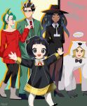  2boys 3girls :d ahoge all_fours anya_(spy_x_family) anya_(spy_x_family)_(cosplay) black_footwear black_hair black_headwear black_pants blonde_hair bond_(spy_x_family) bond_(spy_x_family)_(cosplay) boots closed_eyes closed_mouth collared_shirt commentary_request cosplay geeta_(pokemon) genjitsu_o_miro green_hair green_jacket green_pants grey_footwear hairband hand_up hassel_(pokemon) hat high_heels highres jacket larry_(pokemon) long_hair long_sleeves multiple_boys multiple_girls necktie open_mouth outstretched_arms pants pantyhose pokemon pokemon_(game) pokemon_sv ponytail poppy_(pokemon) red_eyes red_necktie red_sweater rika_(pokemon) shirt shoes short_hair smile speech_bubble spy_x_family standing sweater twilight_(spy_x_family) twilight_(spy_x_family)_(cosplay) white_hairband white_pantyhose white_shirt yor_briar yor_briar_(cosplay) 