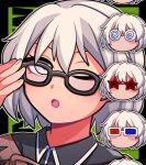  1girl 1jumangoku 3d_glasses ;o black-framed_eyewear black_background black_shirt blush blush_stickers brown_capelet brown_ribbon capelet chibi chibi_inset coke-bottle_glasses collared_shirt commentary glasses green_background grey_eyes hand_on_eyewear head_only len&#039;en no_mouth one_eye_closed open_mouth ribbon romaji_text shirt shitodo_hoojiro short_hair star-shaped_eyewear sunglasses white_hair 