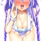  1girl apron braid breasts hair_ornament highres kurozero long_hair medium_breasts naked_apron neptune_(series) power_symbol purple_hair purple_heart skindentation smile solo symbol-shaped_pupils thighhighs twin_braids twintails very_long_hair white_thighhighs 