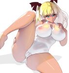  1girl absurdres blonde_hair blue_eyes breasts cameltoe cleavage_cutout clothing_cutout curvy hair_ribbon hand_on_own_chest highres huge_breasts leg_up looking_at_viewer lying masao nipples on_back one-piece_swimsuit original plump revision ribbon see-through_swimsuit simple_background skindentation smile solo spread_legs swimsuit tan twintails white_background white_one-piece_swimsuit 