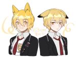  1boy 1girl animal_ears badge black_jacket blonde_hair breasts closed_mouth collared_shirt commentary_request dog_boy dog_ears dog_girl don_quixote_(limbus_company) hair_between_eyes jacket jiyaka kemonomimi_mode korean_commentary korean_text light_frown limbus_company necktie open_clothes open_jacket project_moon red_necktie shirt short_hair sinclair_(limbus_company) small_breasts smile translation_request white_shirt yellow_eyes 