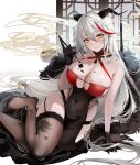  1girl absurdres aegir_(azur_lane) aegir_(golden_dragon_among_auspicious_clouds)_(azur_lane) arm_support azur_lane bare_arms bare_shoulders black_dress black_garter_straps black_gloves black_thighhighs blush breasts calligraphy_brush china_dress chinese_clothes cleavage commentary_request covered_navel criss-cross_halter dragon_horns dress earrings feet foot_out_of_frame frown garter_straps gloves hair_between_eyes halterneck hand_up highres holding holding_calligraphy_brush holding_paintbrush horn_ornament horns incense ink ink_on_breast ink_on_clothes ink_on_face ink_stain jewelry kandzume_(kandume200) leaning_to_the_side legs long_hair multicolored_hair no_shoes official_alternate_costume paintbrush panty_straps parted_lips pelvic_curtain red_dress red_hair sitting sleeveless sleeveless_dress slit_pupils smile smoke solo streaked_hair sweat tassel thighhighs thighs toes two-tone_dress variant_set white_background white_hair yellow_eyes yokozuwari 