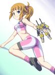  1girl arm_support ass bare_shoulders bike_shorts black_footwear blue_eyes blush breasts brown_hair closed_mouth collarbone commentary_request dutch_angle fugetsu_taku gradient_background gundam gundam_build_fighters gundam_build_fighters_try gunpla highres holding hoshino_fumina kneeling long_hair looking_at_viewer medium_breasts midriff model_kit pink_socks pink_sports_bra ponytail powered_gm_cardigan scrunchie shadow shoes sidelocks smile socks solo sports_bra two-tone_sports_bra 