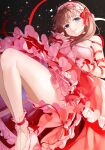  1girl bare_legs blush breasts brown_hair dress highres idolmaster idolmaster_cinderella_girls koyo_akio looking_at_viewer medium_breasts pink_dress red_ribbon ribbon sakuma_mayu smile solo wrist_cuffs 