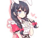  1girl animal_ears black_hair blush bow braid breasts closed_mouth drop_shadow flower grey_eyes hair_bow hair_flower hair_ornament hairclip hand_up heart holding holding_hair long_hair low_twintails maid_headdress medium_breasts nijisanji pink_flower pink_shirt puffy_short_sleeves puffy_sleeves rabbit_ears red_bow shikito shirt short_sleeves simple_background smile solo tsukino_mito twin_braids twintails upper_body virtual_youtuber white_background wrist_cuffs 