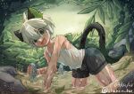  1boy absurdres animal_ears bangs black_shorts black_tail cat_boy cat_ears cat_tail cowboy_shot dated fish fishing hair_between_eyes highres leaf leaning_forward luoxiaohei male_focus plant rock shonen_hu short_hair shorts solo tail tank_top the_legend_of_luo_xiaohei twitter_username water wet white_hair white_tank_top 