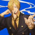  1boy blonde_hair blue_background cigarette collared_shirt curly_eyebrows facial_hair formal goatee hair_over_one_eye hd189733b highres loose_necktie male_focus necktie one_piece outstretched_hand reaching reaching_towards_viewer sanji_(one_piece) shirt short_hair smile smoke suit upper_body 