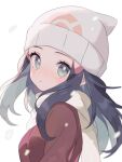  1girl beanie black_hair blush closed_mouth coat commentary_request dawn_(pokemon) ebi_(shrimp_eleven) eyelashes from_side grey_eyes hair_ornament hairclip hat highres long_hair looking_at_viewer looking_to_the_side pokemon pokemon_(game) pokemon_dppt pokemon_platinum red_coat scarf sidelocks simple_background snowing solo upper_body white_background white_headwear white_scarf 
