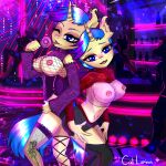  anthro bar bottomwear breasts bronie brony caliluminos candy clothed clothing club_(disambiguation) dessert duo equid equine female food hi_res horn horse invalid_tag legwear mammal pony sibling_(lore) skirt stockings suit topless twins_(lore) unicorn ych 