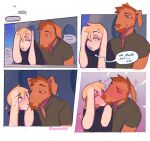  &lt;3 4_panel_comic anthro blonde_hair blush blush_lines border boyfriends brown_body brown_fur canid canine canis chin_tuft clothing collar dialogue domestic_dog duo english_text eyes_closed facial_tuft floppy_ears fur hair half-closed_eyes heresvix hi_res jacket kissing lagomorph leporid male mammal narrowed_eyes rabbit romantic simple_background speech_bubble text topwear white_body white_border white_fur 