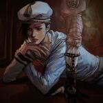  1boy beret black_eyes black_hair closed_mouth hat highres jojo_no_kimyou_na_bouken jojolion killer_queen kira_yoshikage_(jojolion) lips long_sleeves looking_at_viewer lying male_focus meron_nouka on_stomach sailor_collar shirt short_hair solo stand_(jojo) white_headwear white_shirt 