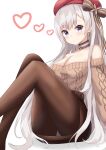  1girl azur_lane bare_shoulders belfast_(azur_lane) belfast_(shopping_with_the_head_maid)_(azur_lane) beret blush bow breasts brown_choker brown_pantyhose brown_skirt brown_sweater cable_knit choker cleavage closed_mouth crossed_legs earrings grey_eyes grey_hair hat hat_bow hayashi_maka highres hoop_earrings jewelry large_breasts long_hair looking_at_viewer off-shoulder_sweater off_shoulder official_alternate_costume pantyhose pencil_skirt red_headwear skirt solo sweater 