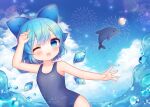  1girl ahoge animal bare_arms bare_shoulders black_one-piece_swimsuit blue_bow blue_eyes blue_hair blush bow cirno coa_(chroo_x) collarbone detached_wings dolphin fairy hair_between_eyes hair_bow ice ice_wings one-piece_swimsuit one_eye_closed open_mouth school_swimsuit short_hair smile solo swimsuit touhou upper_body water wings 