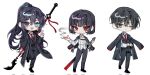  1girl 2boys 3cnfw aqua_eyes black_coat black_eyes black_hair black_pants black_vest blue_hair chibi closed_mouth coat coat_on_shoulders collared_shirt guan_dao half_updo heterochromia highres holding holding_polearm holding_weapon hong_lu_(limbus_company) limbus_company long_hair long_sleeves looking_at_viewer multiple_boys necktie one_eye_closed open_mouth pants polearm project_moon red_eyes red_necktie ryoshu_(limbus_company) shirt short_hair simple_background smile v very_long_hair vest weapon white_background white_shirt yi-sang_(limbus_company) 