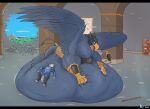  anthro armor avian beak belly belly_bed big_belly blue_body blue_fur bodily_fluids canid canine canis clothing detailed_background drooling duo feral fur gauntlets gloves gryphon handwear hi_res jagg_(thatgryphonguy) knight lying male mammal mythological_avian mythology on_front open_mouth overweight ramz_(thatgryphonguy) saliva shelf staff tail tail_wraps thatgryphonguy thick_neck wardrobe_malfunction warrior wings wolf wraps 