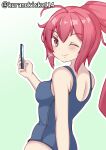  1girl ahoge blue_one-piece_swimsuit cellphone from_behind gradient_background highres i-168_(kancolle) kantai_collection kurano_kisuke long_hair one-piece_swimsuit one_eye_closed phone ponytail red_eyes red_hair school_swimsuit smartphone solo swimsuit twitter_username white_background 