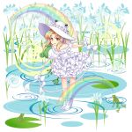  1girl :d absurdres alternate_costume blonde_hair bow commentary dress english_commentary frilled_dress frills frog full_body game_cg high_heels highres lily_pad looking_at_viewer medium_hair moriya_suwako moriya_suwako_(white_tree_frog_who_bestows_rain) open_mouth outdoors rainbow rotte_(1109) second-party_source sidelocks smile solo touhou touhou_lost_word wedding_dress white_bow white_dress white_footwear white_headwear yellow_eyes 