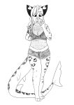  2020 anthro bottomwear bra breasts cellphone clothed clothing digital_drawing_(artwork) digital_media_(artwork) digitigrade eyebrows facial_piercing felid female fish freckles fur gills greyscale ground_shark hair hi_res holding_cellphone holding_object holding_phone holding_smartphone hotpants humanoid_hands hybrid lace_bra leopard_shark leopard_spots mammal marine midriff monochrome nose_piercing pantherine phone piercing shark shorts simple_background sketch smartphone sneplord snoe_(sneplord) snow_leopard solo spots standing tail teeth tongue tongue_out triakid underwear white_background 