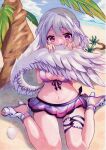  1girl beach bikini bird_wings commentary_request embarrassed feathered_wings front-tie_bikini_top front-tie_top grey_hair high_heels highres kishin_sagume kittona navel purple_bikini purple_skirt red_eyes sandals single_wing sitting skirt solo swimsuit thigh_strap toes touhou wariza white_footwear white_wings wings 