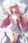  1girl blush breasts dress fate/grand_order fate_(series) grin hairband highres long_hair looking_at_viewer lying medb_(fate) medb_(lostroom_outfit)_(fate) medium_breasts on_back pillow pink_hair shinsaku_(stan-art) sidelocks smile solo white_dress yellow_eyes 