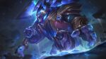  1boy absurdres armor blue_eyes constellation cosmic_paladin_nautilus english_commentary full_armor galaxy giant glowing glowing_eyes highres holding holding_weapon in_orbit joshua_raphael league_of_legends male_focus nautilus_(league_of_legends) official_alternate_costume official_art orbited planet shoulder_armor sky solo space star_(sky) starry_sky water weapon 
