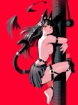  :3 andaerz animal_ears arm_strap armlet bare_shoulders barefoot belt black_belt black_hair black_skirt blunt_bangs blush breasts cat_ears cat_girl cat_tail closed_mouth from_side full_body hair_between_eyes hair_ornament highres hug knee_pads large_breasts long_hair looking_at_viewer miniskirt original red_background red_eyes simple_background skirt smile solo tail tail_raised thigh_strap topless x_hair_ornament 
