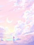  1girl absurdres artist_name cloud cloudy_sky commentary_request crescent_moon dress facing_away from_behind grass highres hill long_hair moon mountainous_horizon original pink_hair pink_sky pond rock scenery short_sleeves signature sky solo standing water white_dress wide_shot yuzuki_kino 