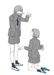  2girls ankle_socks blazer bob_cut closed_eyes covered_face facing_another from_behind jacket kneeling multiple_girls necktie original outstretched_arms pleated_skirt pointing pointing_at_another school_uniform shirt_tucked_in shoes shokugyo short_hair skirt socks spread_arms uwabaki 