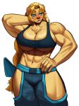  abs absurd_res anthro big_breasts bird_dog blonde_hair blue_background blue_eyes breasts canid canine canis cleavage clothed clothing dog_knight_rpg domestic_dog feet female fur golden_retriever hair hands_behind_head hi_res hunting_dog jeane_(ceehaz) legwear mammal midriff muscular muscular_anthro muscular_female muscular_legs navel pinscher plantigrade retriever simple_background solo sotcho standing tan_body tan_fur toes 