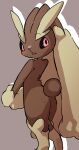  1girl absurdres animal_ears animal_nose ass back black_sclera blush body_fur brown_fur colored_sclera commentary_request drop_shadow from_behind full_body furry furry_female grey_background highres legs lettuce_no_hito light_blush looking_back lopunny open_mouth partial_commentary pink_eyes pokemon pokemon_(creature) rabbit_ears rabbit_girl rabbit_tail simple_background solo standing tail thighs two-tone_fur yellow_fur 