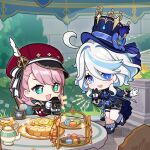  2girls :d absurdres aqua_eyes black_gloves blue_hair blue_pupils blue_ribbon cabbie_hat camera charlotte_(genshin_impact) chibi commentary cup dot_nose english_commentary food footwear_ribbon furina_(genshin_impact) genshin_impact gloves grey_hair hair_between_eyes hair_intakes half_gloves hat hat_ornament hat_ribbon high_heels highres holding holding_camera leaning_forward long_sleeves looking_at_another looking_at_food macaron medium_hair multicolored_hair multiple_girls official_art open_mouth pie pink_hair plate puffy_long_sleeves puffy_sleeves red_headwear ribbon short_shorts shorts smile sparkle sparkling_eyes standing standing_on_one_leg streaked_hair swept_bangs symbol-shaped_pupils tassel teapot thigh_strap thighs white_gloves 