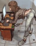  1girl ass bent_over borrowed_character brown_hair brown_sweater butt_crack computer desk highres indoors keyboard_(computer) monitor mossacannibalis mouse_(computer) mousepad_(object) original pants solo sweater tile_floor tiles white_footwear white_pants 