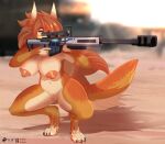  anthro areola big_breasts breasts brown_body brown_fur brown_hair canid canine canis claws crouching curvy_figure desert detailed_background digitigrade feet female fluffy fluffy_tail fur gun hair hi_res jackal light long_hair looking_away mammal multicolored_body multicolored_fur nude ranged_weapon rifle sly_shadex sniper_rifle solo sunlight tail toe_claws toes weapon 