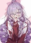 1girl absurdres black-framed_eyewear bow clothes_writing drill_hair glasses hair_bow highres hyakumantenbara_salome hyakumantenbara_salome_(2nd_costume) io_(sinking=carousel) jacket long_hair nijisanji official_alternate_costume pink_bow ponytail purple_eyes purple_hair red_track_suit solo track_jacket turtleneck 