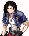  1boy belt black_belt black_gloves black_hair blue_jacket cropped_jacket dog_tags earrings final_fantasy final_fantasy_viii gloves green_eyes grin hand_on_own_hip highres holding hoop_earrings jacket jewelry laguna_loire leaning_forward male_focus medium_hair necklace nishinsobha open_clothes open_jacket pants red_pants shirt short_sleeves simple_background smile solo v-neck white_background white_shirt 