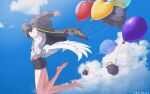  1girl :3 absurdres arms_up artist_name balloon barefoot black_jacket black_shorts blue_sky closed_mouth cloud commentary day drawstring english_commentary feathered_wings feet flying hair_between_eyes halo heart heart_balloon highres hololive hololive_english jacket legs_up long_sleeves low_wings ninomae_ina&#039;nis ninomae_ina&#039;nis_(5th_costume) off_shoulder official_alternate_costume open_clothes open_jacket open_mouth outdoors print_shirt profile purple_eyes purple_hair reylan520 shirt short_hair short_shorts short_sleeves shorts sky smile t-shirt takodachi_(ninomae_ina&#039;nis) teeth toes upper_teeth_only virtual_youtuber white_shirt white_wings wings 