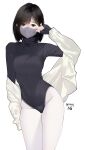  1girl black_eyes black_hair black_leotard cowboy_shot grey_mask highres hitomi_o leotard long_sleeves looking_at_viewer mask medium_hair mouth_mask off_shoulder original pantyhose shirt simple_background sleeves_past_wrists solo white_background white_pantyhose white_shirt 