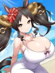  +_+ alternate_costume animal_ears beach breasts brown_eyes brown_hair cleavage cloud cloudy_sky dress drill_hair dutch_angle horse_ears horse_girl horse_tail huge_breasts light_rays long_hair marvelous_sunday_(umamusume) norio_(pheromosa_times) ocean oppai_loli saddle_hair_ornament shortstack side_drill sky smile sunbeam sundress sunlight tail twintails umamusume white_dress 